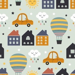 City, houses, hot air balloon, car on a blue background