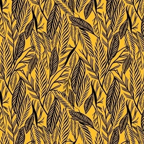 Small - Black on Yellow, tropical leaves texture pattern