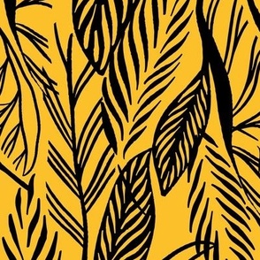 Large - Black on Yellow, tropical leaves texture pattern