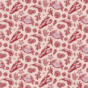 Shellfish medley (small scale) - red and pink on pale yellow background 