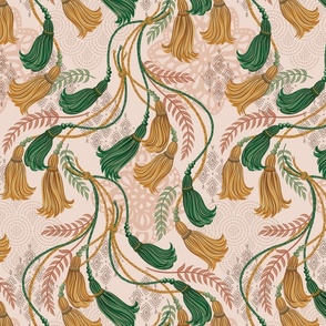 Boho Tassels- Bohemian Mandala- Boho Wallpaper- Vintage Bohemian- Coral Blush Background- Mustard- Gold- Terracotta- Emerald Green- Small