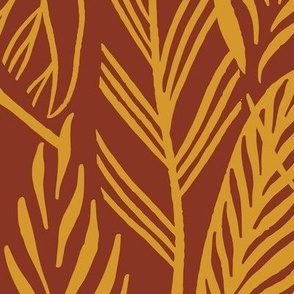 Jumbo - Mustard leaves on Terracotta, tropical leaves texture pattern