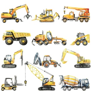 cool watercolor construction truck set tractor, excavator, backhoe, forklift, wheel loader