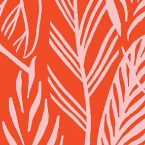 Jumbo - Pink leaves on Orange, tropical leaves texture pattern