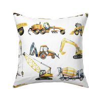 watercolor construction trucks 2 repeat set tractor, excavator, backhoe, forklift, wheel loader