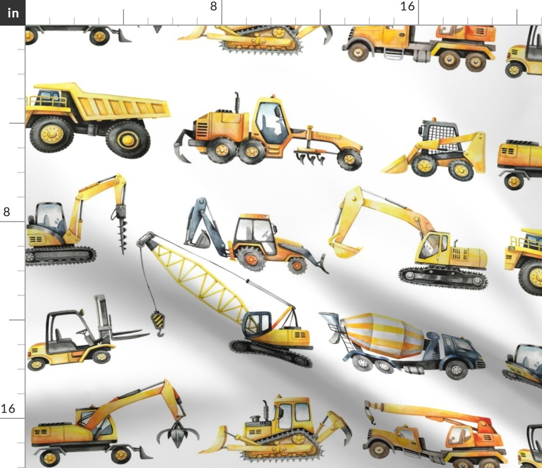 watercolor construction trucks 2 repeat set tractor, excavator, backhoe, forklift, wheel loader