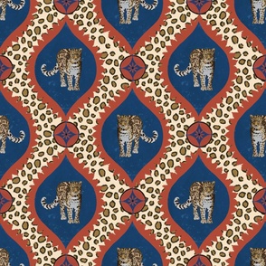 Cheetah orange and blue leopard print beige background - medium scale