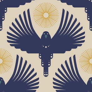 Art Deco Flying Away // medium // bird, blue, sun, cream, yellow