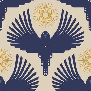 Art Deco Flying Away // small // bird, blue, sun, cream, yellow