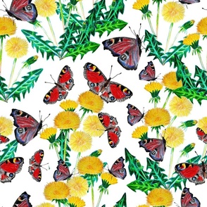 Seamless pattern with peacock butterflies and dandelions, summer or spring design