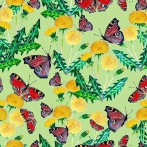 Seamless pattern with peacock butterflies and dandelions, summer or spring design 2