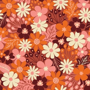 70s Retro Floral - Orange Brown Pink