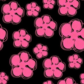 Bright pink doodle flowers on black background