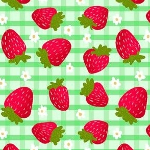 strawberries on green gingham plaid