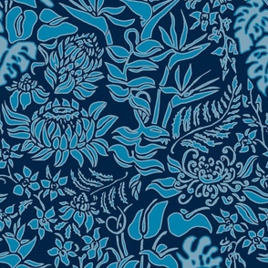 Hawaiian Protea and Tropical Floral -Indigo Blue