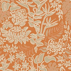 Hawaiian Protea and Tropical Floral -Rust and Khaki