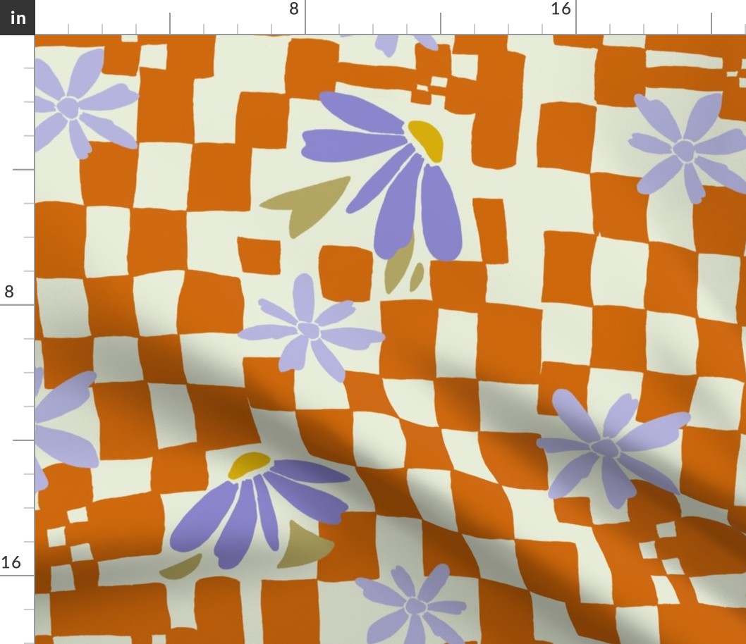 Retro Floral Checks on Burnt Orange