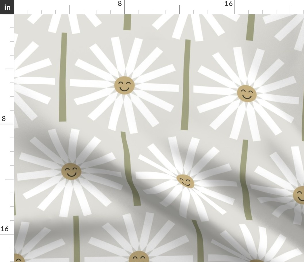 Happy Daisy / medium scale / light grey dusky green boho fun whimsy geo pattern 