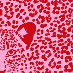 Spot the Leopard - Leopard in an ocean of spots - animal print - Poppy Red (Petal Solids coordinate) on lavender pink - large