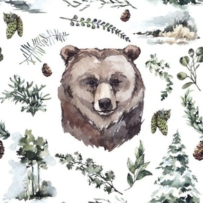 Woodland Watercolor Bear with Leaves and Branches