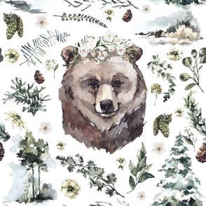 Watercolor Bear Woodland with Flowers