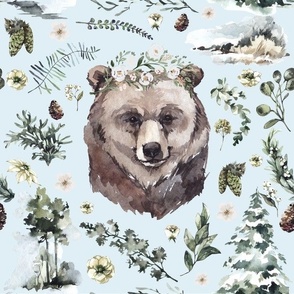 Bear with leaves and Flowers for Nursery or Kids Print