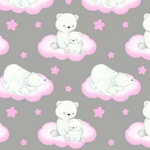 Arctic Polar Bear Pink Clouds Stars on Gray