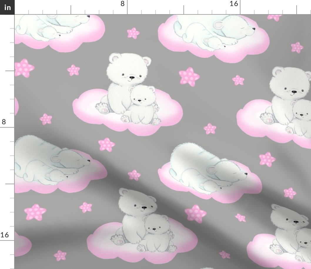 Arctic Polar Bear Pink Clouds Stars on Gray