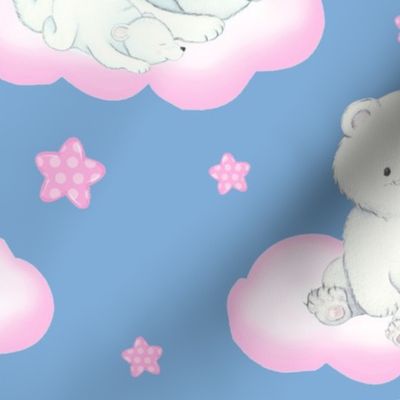Arctic Polar Bear Pink Clouds Stars on Blue