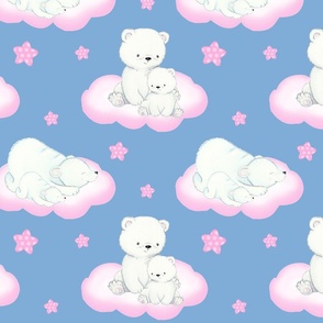 Arctic Polar Bear Pink Clouds Stars on Blue