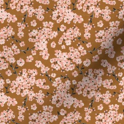 Cherry Blossoms - Cottagecore Spring Floral Enchanted Almond Brown Small Scale
