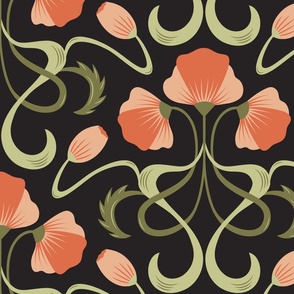Art Nouveau California Poppies– orange flowers with green leaves on black background LARGE Scale