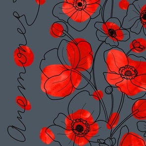 updated! - large - Anemone lines 2 - poppy style - black on Paynes Gray