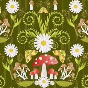 Garden / Daisy/ mushroom/ green background