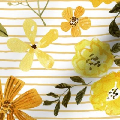 Mustard Flowers, Yellow Summer Floral Fabric (floral 1) honey stripe