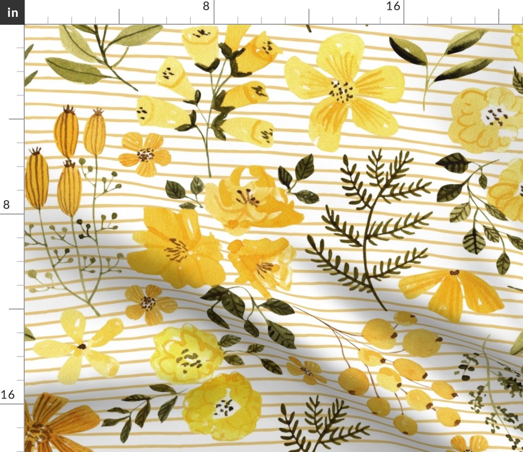 Mustard Flowers, Yellow Summer Floral Fabric (floral 1) honey stripe
