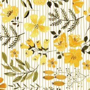 Mustard Flowers, Yellow Summer Floral Fabric (floral 1) honey stripe ROTATED