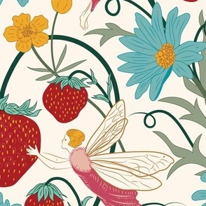 Large Whimsical Summer Fairies Gathering Strawberries Amongst The Yellow Buttercup and Teal Daisy Wildflowers With Seashell White Background