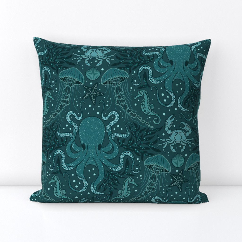 Ocean Discoveries Damask - Dark Teal - Octopus, Jellyfish, Crab, Seahorse, Seaweed, Starfish (Custom Sized) by Angel Gerardo