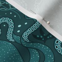 Ocean Discoveries Damask - Dark Teal - Octopus, Jellyfish, Crab, Seahorse, Seaweed, Starfish (Custom Sized) by Angel Gerardo