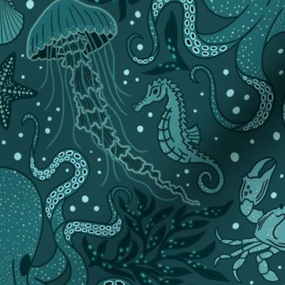 Ocean Discoveries Damask - Dark Teal - Octopus, Jellyfish, Crab, Seahorse, Seaweed, Starfish (Custom Sized) by Angel Gerardo