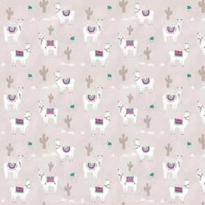 [small] Llamas with pom poms and cacti - warm grey with magenta, teal and mint