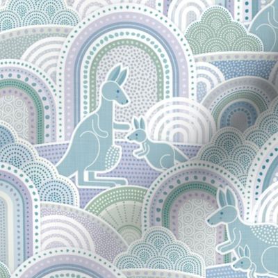 Mama Kangaroo- Cold Pastel Colors- Small- Australia- Animals- Australian Wildlife- Blue- Green- Lilac- Teal- Baby Girl Wallpaper- Kangaroo Fabric