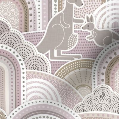 Mama Kangaroo- Muted Pastel Colors- Medium- Australia- Animals- Australian Wildlife- Greige- Beige- Taupe- Mauve- Earth Tones- Baby Girl Wallpaper- Kangaroo Fabric