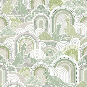 Mama Kangaroo- Pastel Green- Medium- Australia- Animals- Australian Wildlife- Taupe- Gray- Baby Girl Wallpaper- Kangaroo Fabric