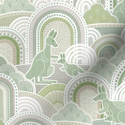Mama Kangaroo- Pastel Green- Small- Australia- Animals- Australian Wildlife- Taupe- Gray- Baby Girl Wallpaper- Kangaroo Fabric