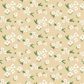 Tossed Scattered White Flowers on Tan Ground Small Scale from Mushroom Mania Collection