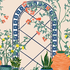 [JUMBO] Italian Villa Wallpaper with potted plants turquoise terra cotta Bougainvillea lemon 