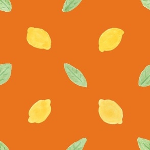 lemons and leaves orange background
