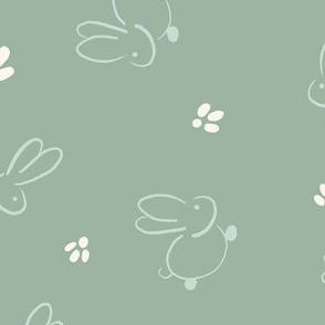 Large || Cute Easter Bunnies and Footprints || Ivory on Pastel Olive